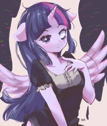 Size: 1816x2140 | Tagged: safe, artist:moh_mlp2, twilight sparkle, human, equestria girls, g4, eyebrows, eyebrows visible through hair, female, horn, looking at you, pony ears, solo, spread wings, white eyes, wings