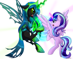 Size: 5000x4065 | Tagged: safe, artist:stesha, queen chrysalis, starlight glimmer, alicorn, changeling, changeling queen, pony, g4, alicornified, butt, commission, crown, duel, duo, female, fight, flying, hoof shoes, jewelry, looking at each other, looking at someone, magic, magic aura, mare, open mouth, plot, race swap, rearing, regalia, s5 starlight, simple background, spread wings, starlicorn, starlight vs chrysalis, vs, white background, wings, xk-class end-of-the-world scenario