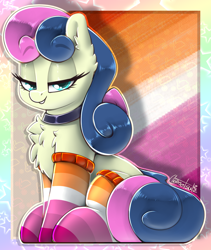 Size: 986x1168 | Tagged: safe, artist:llametsul, bon bon, sweetie drops, earth pony, pony, g4, adorabon, atg 2022, chest fluff, choker, clothes, cute, ear fluff, female, lesbian, lesbian pride flag, lidded eyes, looking at you, mare, newbie artist training grounds, pride, pride flag, signature, sitting, smiling, socks, solo, stockings, thigh highs