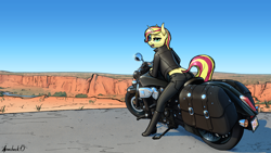 Size: 3840x2160 | Tagged: safe, artist:apocheck13, sunset shimmer, unicorn, anthro, plantigrade anthro, g4, ass, biker, boots, butt, clothes, desert, female, high res, jacket, leather jacket, looking at you, looking back, motorcycle, shoes, solo
