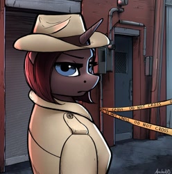 Size: 1189x1200 | Tagged: safe, artist:apocheck13, oc, unicorn, anthro, blue eyes, building, bust, crime scene, detective, eyelashes, female, horn, looking at you, looking back, police tape, solo, unicorn oc