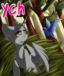 Size: 1576x1874 | Tagged: safe, artist:yuris, oc, oc only, bird, pony, advertisement, auction, commission, cute, forest, grass, smiling, solo, tree, ych sketch, your character here