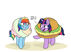Size: 2913x2128 | Tagged: safe, artist:doodledonutart, part of a set, rainbow dash, twilight sparkle, alicorn, pegasus, pony, g4, burger, burger costume, clothes, comic, commission, costume, dialogue, duo, duo female, female, food, food costume, grin, hamburger, hay burger, high res, horn, ice cream, ice cream costume, open mouth, open smile, pointing, pun, raised hoof, sherbet, sherbet costume, simple background, smiling, twilight burgkle, twilight sparkle (alicorn), visual pun, white background