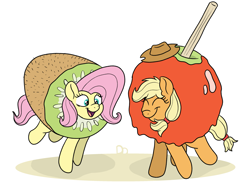Size: 2913x2128 | Tagged: safe, artist:doodledonutart, part of a set, applejack, fluttershy, earth pony, pegasus, pony, g4, apple, apple costume, candy apple, candy apple costume, clothes, commission, costume, eyes closed, food, food costume, fruit, high res, kiwi costume, kiwi fruit, kiwi fruit costume, open mouth, open smile, simple background, smiling, white background
