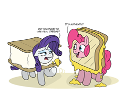 Size: 2913x2128 | Tagged: safe, artist:doodledonutart, part of a set, pinkie pie, rarity, earth pony, pony, unicorn, g4, cheese, clothes, commission, costume, dialogue, duo, duo female, female, food, food costume, grilled cheese, grilled cheese costume, grilled cheese sandwich, grilled cheese sandwich costume, high res, implied cheese sandwich, open mouth, open smile, rarity is a marshmallow, s'mores, s'mores costume, sandwich, sandwich costume, simple background, smiling, white background