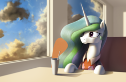 Size: 2558x1663 | Tagged: safe, artist:suhar, princess celestia, alicorn, pony, g4, blue sky, cafe, clothes, cloud, cloudy, cup, diner, ethereal hair, ethereal mane, female, flower, hawaiian shirt, horn, mare, missing accessory, multicolored hair, multicolored mane, pink eyes, shirt, sky, smiling, solo, straw, table, window