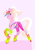 Size: 1434x2048 | Tagged: safe, artist:aztrial, earth pony, pony, anatomically incorrect, barbie, barbie (film), clothes, ear piercing, earring, female, grin, hooped earrings, incorrect leg anatomy, jewelry, knee pads, leotard, mare, not an oc, piercing, pink background, ponified, ponytail, raised hoof, simple background, smiling, solo, visor cap