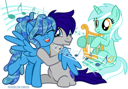 Size: 1100x767 | Tagged: safe, artist:jennieoo, lyra heartstrings, oc, oc:maverick, oc:ocean soul, earth pony, pegasus, pony, unicorn, g4, couple, duet, embrace, hug, lyre, male, married couple, music notes, musical instrument, show accurate, simple background, singing, song, soulverick, stallion, transparent background, vector