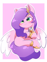 Size: 1952x2557 | Tagged: safe, artist:leo19969525, pipp petals, pegasus, pony, g5, adorapipp, blushing, crown, cute, female, green eyes, hair over one eye, jewelry, mane, mare, passepartout, phone, pink background, purple mane, purple tail, regalia, simple background, sitting, smiling, solo, spread wings, tail, wings