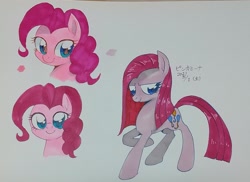 Size: 1957x1423 | Tagged: safe, artist:yukkuri_yu_yu, pinkie pie, earth pony, pony, g4, bust, female, japanese, looking at you, mare, pinkamena diane pie, raised hoof, simple background, solo, traditional art, white background