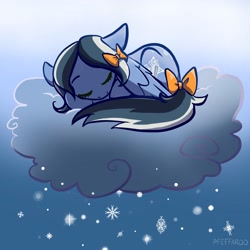 Size: 2048x2048 | Tagged: safe, artist:pfeffaroo, oc, oc only, pegasus, pony, bow, cloud, hair bow, high res, on a cloud, sleeping, sleeping on a cloud, snow, snowflake, solo, tail, tail bow
