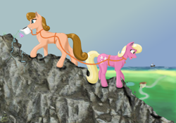 Size: 5000x3500 | Tagged: safe, artist:lennystendhal13, lily, lily valley, peachy cream, earth pony, pony, g4, absurd resolution, female, mare, mouth hold, rope, scared, watering can
