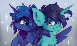 Size: 2382x1435 | Tagged: safe, artist:mochalula, princess luna, oc, alicorn, pony, unicorn, g4, duo, duo male and female, female, male, mare, signature, simple background, stallion