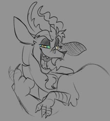 Size: 684x758 | Tagged: safe, artist:rockin_candies, discord, draconequus, g4, fangs, gray background, grayscale, horns, male, monochrome, open mouth, partial color, raised paw, simple background, sketch, smiling, solo, stupid sexy discord, swirly eyes, teeth