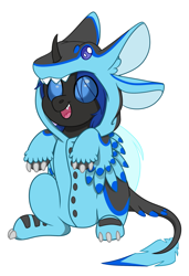 Size: 1660x2420 | Tagged: safe, artist:rokosmith26, oc, oc only, oc:swift dawn, avali, changeling, original species, animal onesie, blue changeling, blue eyes, changeling oc, cheek fluff, clothes, commission, costume, eye clipping through hair, happy, horn, kigurumi, looking up, male, onesie, open mouth, simple background, sitting, smiling, solo, teeth, transparent background, ych result