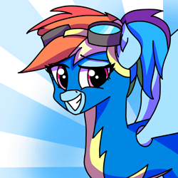 Size: 1600x1600 | Tagged: safe, artist:artevi, rainbow dash, pegasus, pony, g4, alternate hairstyle, bust, clothes, female, goggles, looking at you, mare, ponytail, smiling, solo, uniform, wonderbolts uniform