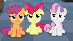 Size: 1280x720 | Tagged: safe, screencap, apple bloom, scootaloo, sweetie belle, earth pony, pegasus, pony, unicorn, g4, on your marks, season 6, cutie mark crusaders, disappointed, female, filly, floppy ears, foal, frown, reaction image, sad, sitting, trio, trio female