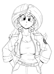 Size: 1222x1670 | Tagged: safe, artist:reiduran, sunset shimmer, human, g4, dragon ball, dragon ball z, humanized, looking at you, monochrome, simple background, solo, style emulation, white background