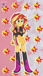 Size: 1080x1920 | Tagged: safe, anonymous artist, artist:wawtoons, edit, sunset shimmer, human, equestria girls, g4, boots, clothes, crossed arms, cutie mark background, high heel boots, jacket, legs, outline, shirt, shoes, simple background, skirt, solo, white outline