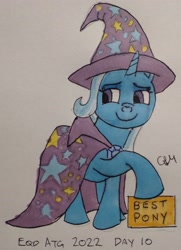Size: 2481x3420 | Tagged: safe, artist:rapidsnap, trixie, pony, unicorn, g4, atg 2022, best pony, brooch, cape, clothes, female, hat, high res, jewelry, mare, newbie artist training grounds, solo, traditional art, trixie's brooch, trixie's cape, trixie's hat