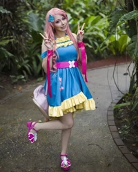 Size: 1080x1350 | Tagged: safe, artist:flutterbutter cosplay, kotobukiya, fluttershy, human, g4, clothes, cosplay, costume, irl, irl human, kotobukiya fluttershy, one leg raised, peace sign, photo, sandals, solo