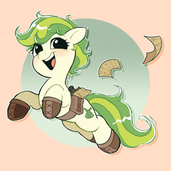 Size: 2209x2209 | Tagged: safe, artist:syrupyyy, oc, oc only, oc:karakusa, earth pony, pony, adventurer, bag, boots, female, filly, foal, high res, prancing, saddle bag, shoes