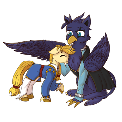 Size: 2000x2000 | Tagged: safe, artist:cookieart2k22, oc, oc only, oc:eid, oc:regal inkwell, griffon, pony, unicorn, chest fluff, clothes, cuddling, cute, doublet, duo, gay, head pat, male, nobility, nuzzling, pat, simple background, size difference, white background