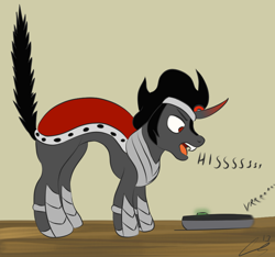 Size: 800x748 | Tagged: safe, artist:lennystendhal13, king sombra, pony, unicorn, g4, arched back, atg 2022, behaving like a cat, hissing, male, newbie artist training grounds, roomba, simple background, solo, stallion, wooden floor