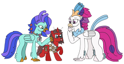 Size: 3228x1685 | Tagged: safe, artist:supahdonarudo, queen novo, oc, oc:ironyoshi, oc:sea lilly, classical hippogriff, hippogriff, pony, unicorn, g4, my little pony: the movie, atg 2022, camera, clothes, confused, excited, jewelry, necklace, newbie artist training grounds, shirt, simple background, transparent background