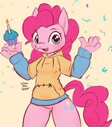 Size: 1127x1280 | Tagged: safe, artist:urbanfoxgamer, pinkie pie, earth pony, anthro, g4, :3, bottomless, candle, clothes, confetti, cupcake, cute, cute little fangs, fangs, featureless crotch, female, food, hoodie, looking at you, partial nudity, smiling, solo, thighs, thunder thighs