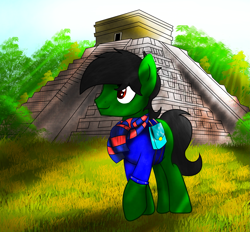Size: 2375x2208 | Tagged: safe, artist:fededash, oc, oc only, oc:tomasgrassi, earth pony, pony, backpack, chichen itza, clothes, glass, high res, jacket, scarf, shadows, smiling, sun, tree