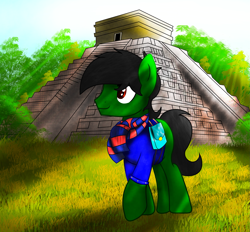 Size: 2375x2208 | Tagged: safe, oc, oc only, oc:tomasgrassi, earth pony, pony, backpack, chichen itza, clothes, glass, high res, jacket, scarf, shadows, smiling, sun, tree