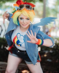 Size: 1080x1350 | Tagged: safe, artist:roseygcosplay, rainbow dash, human, g4, clothes, cosplay, costume, goggles, irl, irl human, multicolored hair, photo, rainbow hair