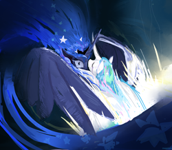 Size: 2180x1900 | Tagged: safe, artist:megalura, princess celestia, princess luna, alicorn, pony, g4, duo, eyes closed, female, hug, large wings, mare, royal sisters, siblings, sisters, spread wings, wide eyes, wings