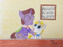 Size: 4032x3024 | Tagged: safe, artist:opti, oc, oc only, oc:guiding light, oc:starlight oath, pony, unicorn, father and child, father and daughter, female, filly, foal, keyboard, male, music notes, musical instrument, piano, traditional art