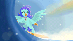 Size: 640x360 | Tagged: safe, artist:rumista, oc, oc only, oc:sea lilly, classical hippogriff, hippogriff, animated, bipedal, blinking, camera, commission, female, fun in the sun, gif, jewelry, necklace, spread wings, surfboard, surfing, wave, wings, ych result