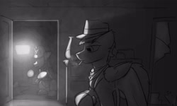 Size: 5000x3000 | Tagged: safe, artist:captainhoers, oc, oc only, pegasus, pony, black and white, cigarette, clothes, crime scene, detective, duo, fedora, grayscale, hat, high res, male, monochrome, mouth hold, noir, smoking, stallion, trenchcoat