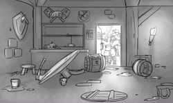 Size: 5000x3000 | Tagged: safe, artist:captainhoers, oc, oc only, anthro, unguligrade anthro, axe, bar, barrel, battle axe, drinking, drunk, grayscale, hiding, high res, male, mead, monochrome, shield, table, weapon