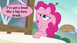 Size: 1280x720 | Tagged: safe, edit, edited screencap, editor:korora, screencap, pinkie pie, earth pony, pony, every little thing she does, g4, comic, doctor who, headache, implied doctor whooves, offscreen character, pain star, screencap comic, speech, speech bubble, talking, thought bubble