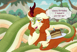 Size: 3000x2000 | Tagged: safe, artist:paladin-drakkenwolf, autumn blaze, kirin, lamia, original species, snake, snake pony, g4, blushing, cake, cake slice, candle, female, food, happy birthday, high res, lamiafied, looking at you, one ear down, portal (valve), solo, species swap, talking to viewer, the cake is a lie