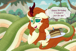 Size: 3000x2000 | Tagged: safe, alternate version, artist:paladin-drakkenwolf, autumn blaze, kirin, lamia, original species, snake, snake pony, g4, blushing, cake, cake slice, candle, female, food, happy birthday, high res, hypno eyes, hypnosis, lamiafied, looking at you, one ear down, solo, species swap, talking to viewer