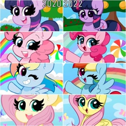 Size: 1080x1080 | Tagged: safe, artist:kittyrosie, fluttershy, pinkie pie, rainbow dash, twilight sparkle, alicorn, butterfly, earth pony, pegasus, pony, g4, 2020, 2022, bean mouth, blushing, candy, cloud, comparison, cute, dashabetes, diapinkes, female, flying, food, grin, improvement, kittyrosie is trying to murder us, lollipop, mare, old art, one eye closed, open mouth, open smile, rainbow, redraw, shyabetes, smiling, spread wings, starry eyes, tree, twiabetes, twilight sparkle (alicorn), weapons-grade cute, wingding eyes, wings, wink