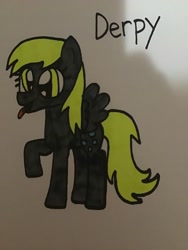 Size: 2448x3264 | Tagged: safe, artist:maddiedraws5678, derpy hooves, pegasus, pony, g4, cute, derp, derpabetes, derpy being derpy, female, full body, gray coat, hooves, mare, raised hoof, raised leg, silly, simple background, solo, standing, tail, tongue out, traditional art, white background, yellow eyes, yellow hair, yellow mane, yellow tail