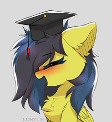 Size: 1000x1080 | Tagged: safe, artist:lunylin, oc, oc only, pony, blushing, chest fluff, graduation cap, hat, laughing, smiling, solo