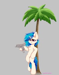 Size: 853x1080 | Tagged: safe, artist:lunylin, dj pon-3, vinyl scratch, pony, unicorn, g4, bipedal, bipedal leaning, chest fluff, dexterous hooves, gray background, gun, leaning, micro uzi, palm tree, simple background, smiling, solo, standing on two hooves, submachinegun, tree, weapon