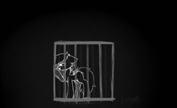 Size: 1280x779 | Tagged: safe, artist:lunylin, pony, black and white, cage, grayscale, monochrome, smiling, solo