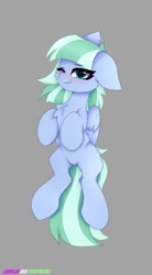 Size: 595x1080 | Tagged: safe, artist:lunylin, artist:ponipan341, oc, oc only, pony, blushing, chest fluff, gray background, looking at you, lying down, on back, one ear down, simple background, solo