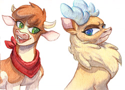 Size: 1280x929 | Tagged: safe, artist:tigra0118, arizona (tfh), velvet (tfh), cow, deer, reindeer, them's fightin' herds, community related, duo, female, frown, looking at each other, looking at someone, neckerchief, open mouth, simple background, traditional art, unamused, velvet is not amused, watercolor painting, white background