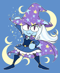 Size: 777x941 | Tagged: safe, artist:reiduran, trixie, human, equestria girls, g4, :3, blue background, brooch, cape, clothes, crescent moon, female, hat, jewelry, moon, neco-arc, simple background, slit pupils, solo, sparkles, trixie's brooch, trixie's cape, trixie's hat
