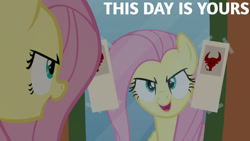 Size: 1280x720 | Tagged: safe, edit, edited screencap, editor:quoterific, screencap, fluttershy, pegasus, pony, g4, putting your hoof down, season 2, confident, female, mare, mirror, new fluttershy, open mouth, open smile, reflection, smiling, solo, text